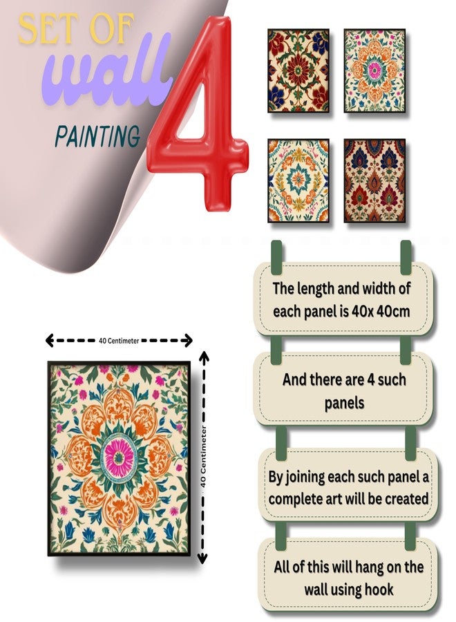 Nozvera 4 PCS MDF Wall Art Set for Living Room Bedroom - Traditional Floral Mandala Design - 16x16 Inch Each - UV Laminated Sparkle Finish, Ready to Hang, Home Wall Decor - Image 5